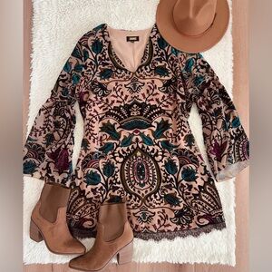 Alexia Admor Dress Velvet Burnout Jewel Paisley Bell Sleeve Boho Whimsy Festival